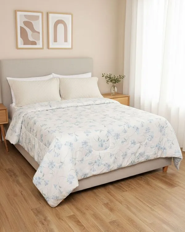 Edredom Queen Andreza Dupla Face Estampado Flores Branco UN