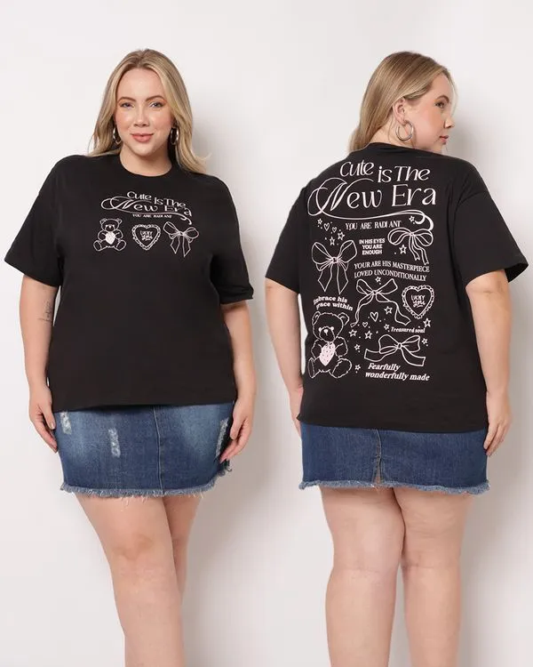 Camiseta Plus Size Feminina Algodão Estampa Frente e Costas Preta G3