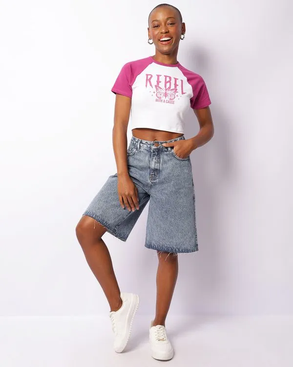 Bermuda Jeans Feminina Marmorizada Barra Desfiada Azul 38