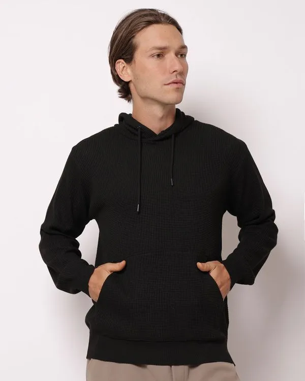 Blusão Masculino Tricô Maquinetado com Capuz Bolsos Preto GG