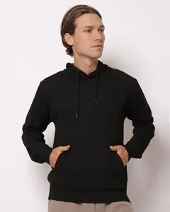 Blusão Masculino Tricô Maquinetado com Capuz Bolsos Preto GG
