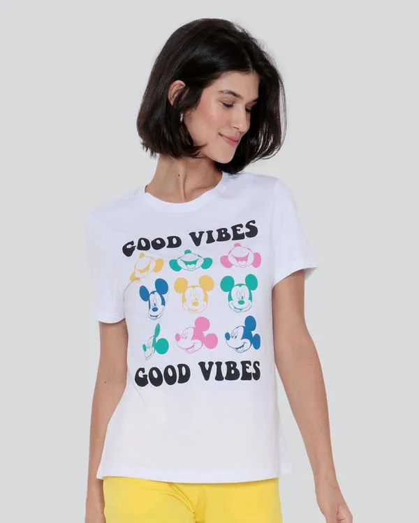 Camiseta Feminina Algodão Disney Mickey Manga Curta Branca GG