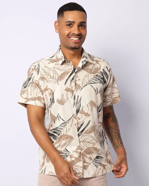 Camisa Masculina Estampada Folhagem Manga Curta Bege 4