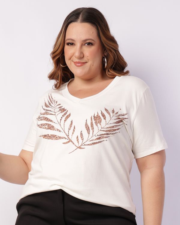 Blusa Plus Size Feminina Estampa com Strass Manga Curta Off White G1