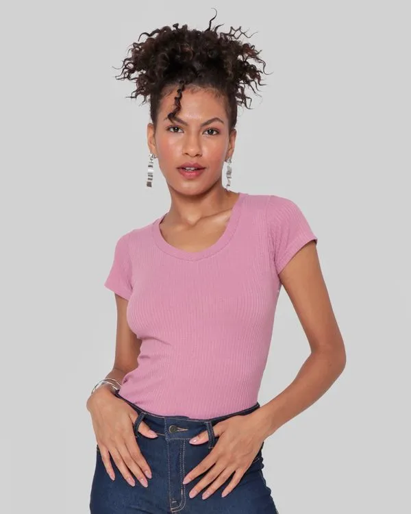 Blusa Feminina Manga Curta Canelada Rosa G