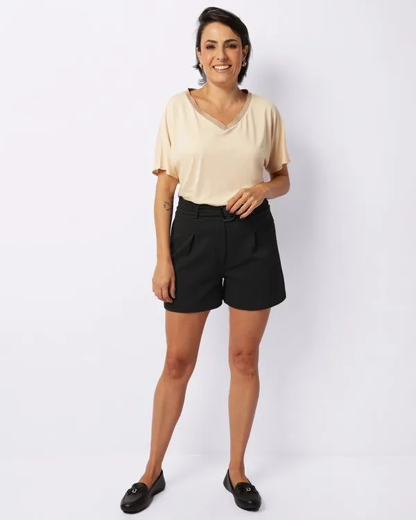 Short Feminino Crepe Evasê Cinto Com Fivela Preto GG