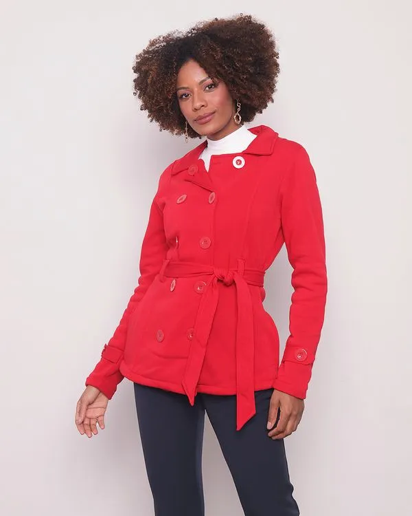 Parka Moletom Feminino Manga Longa Com Cinto Vermelho G