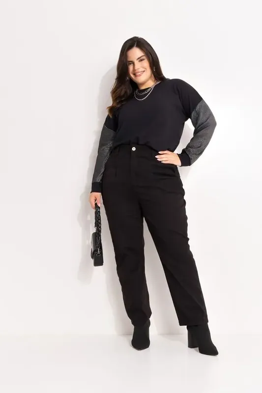 Blusa Solta com Mangas Longas em Brilho Preta XLG