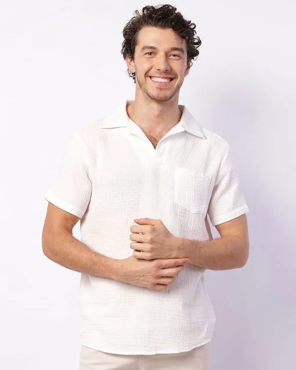 Bata Masculina Algodão Texturizado Manga Curta Com Bolso Branca M