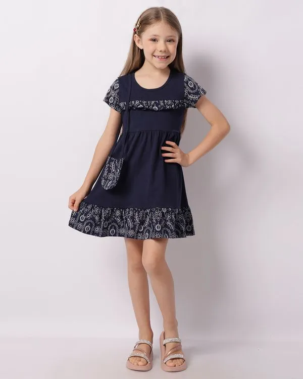 Vestido Infantil Manga Curta Babados Em Laise + Brinde Bolsinha Marinho 8