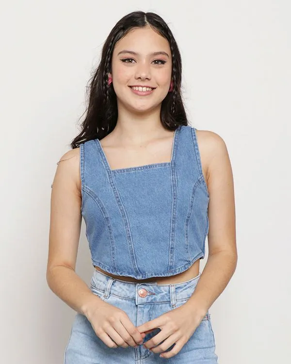 Regata Jeans Juvenil Cropped Corset Azul 10