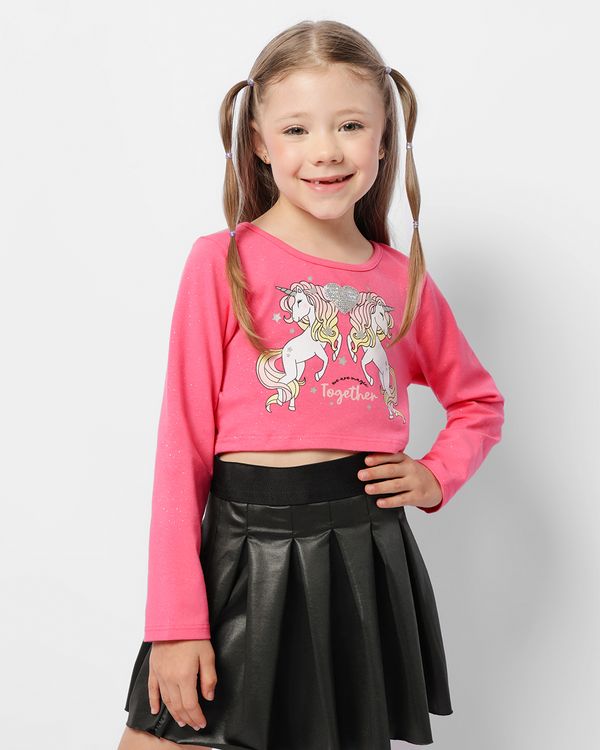 Blusa Infantil Cropped Manga Longa Estampa Com Paetê Rosa 6