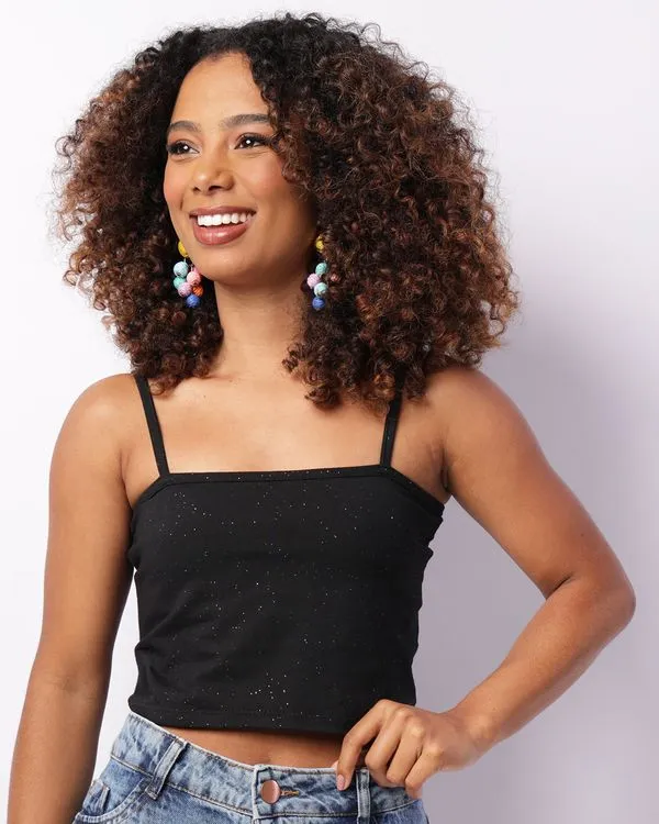 Blusa Feminina Cropped Com Glitter Alcinha Preta M