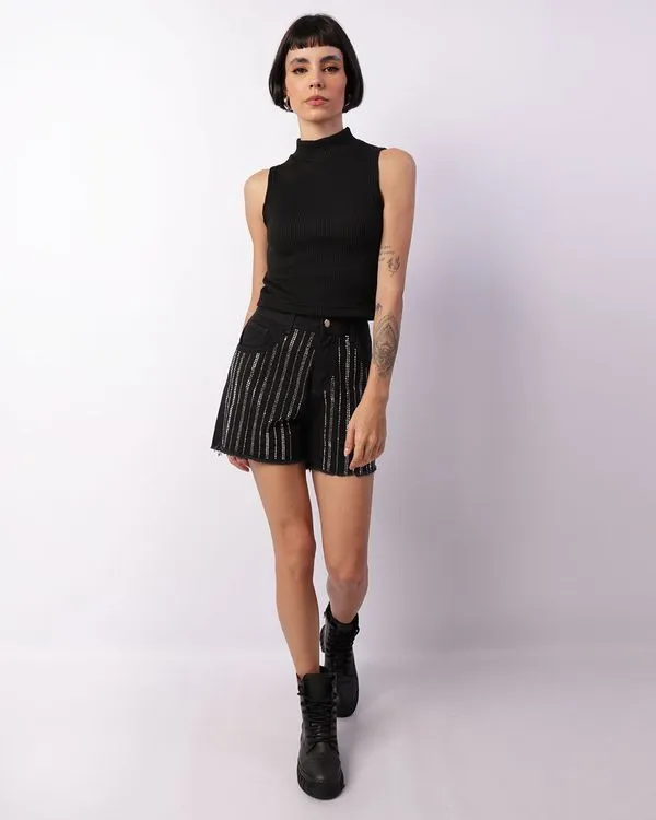 Short Sarja Feminino Curto Com Strass Preto 40
