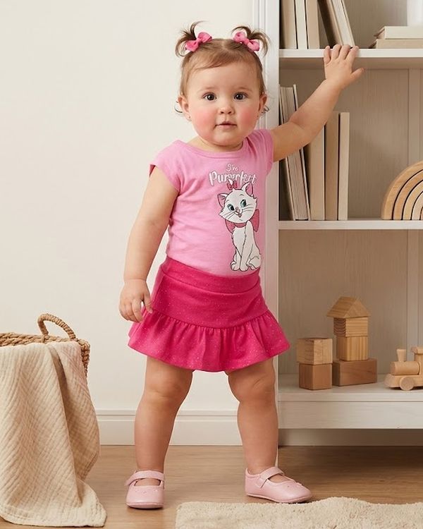 Conjunto Bebê Manga Curta Disney Estampa Marie Com Babado Rosa P
