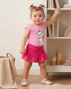 Conjunto Bebê Manga Curta Disney Estampa Marie Com Babado Rosa P