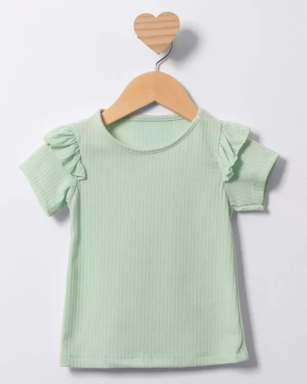 Blusa Bebê Canelada Manga Curta Com Babado Verde 3
