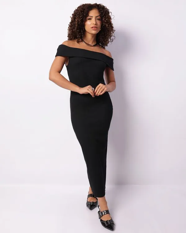 Vestido Feminino Midi Canelado Ombro Á Ombro Preto GG