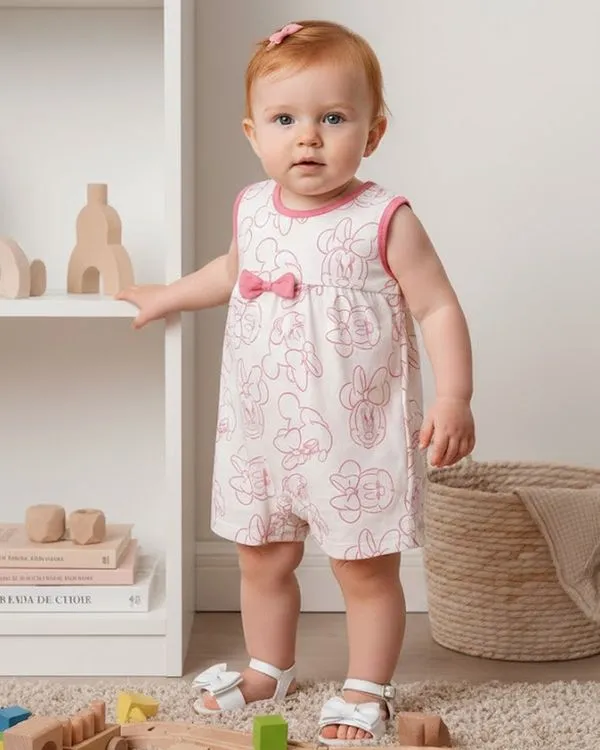 Macaquinho Bebê Curto Algodão Disney Minnie Laço Off White G