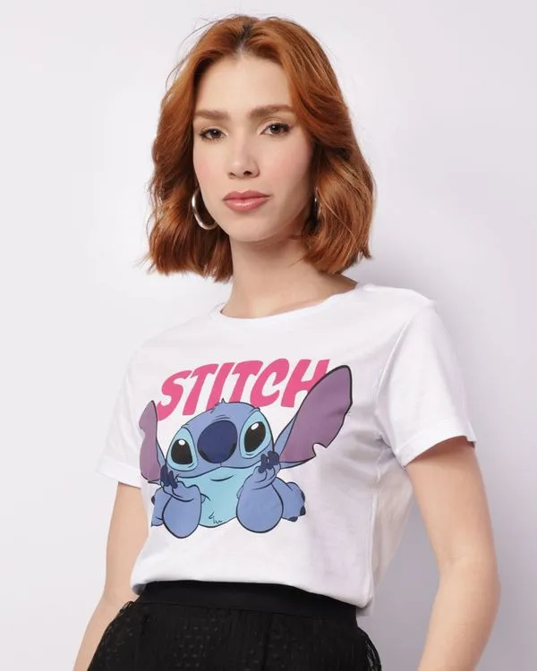 Camiseta Feminino Stitch Disney Manga Curta Branca GG