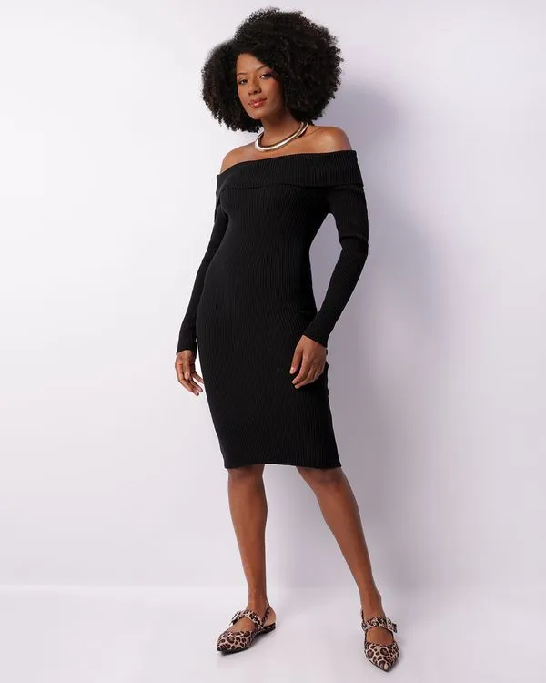 Vestido Feminino Midi Tricô Canelado Ombro Á Ombro Preto GG