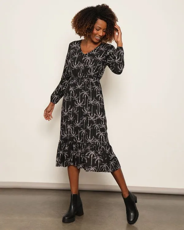 Vestido Feminino Berry & Co. Viscose Midi Decote V Preto G