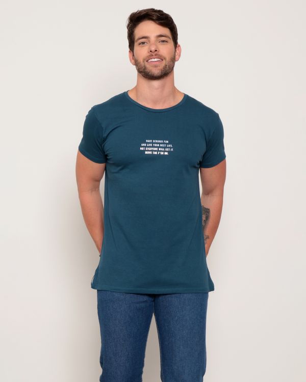 Camiseta Masculina Estampa Escrita Metalizada Manga Curta Azul GG