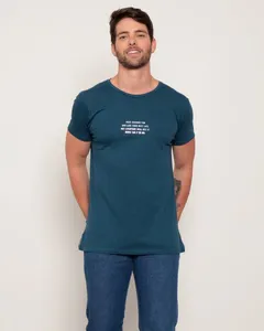 Camiseta Masculina Estampa Escrita Metalizada Manga Curta Azul G