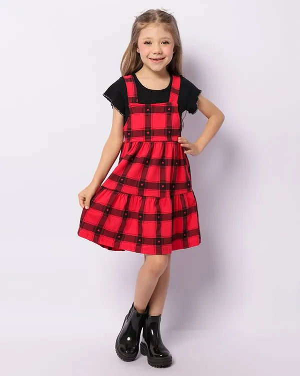 Vestido Infantil Curto Sobreposição Com Estampa Xadrez Preto 8