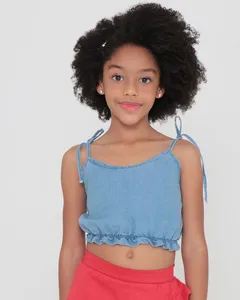 Blusa Jeans Infantil Cropped Alcinha Amarração Azul 6