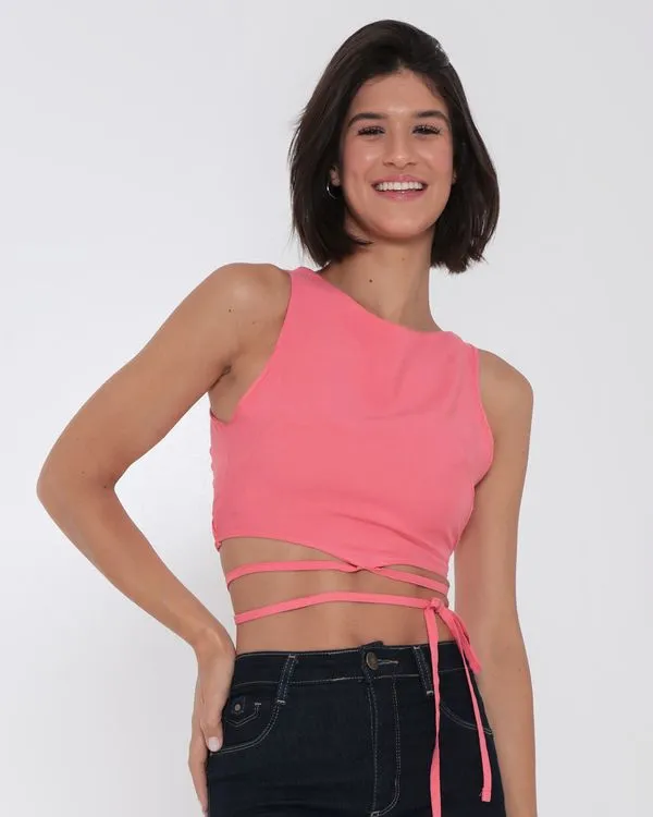 Regata Feminina Viscose Cropped Tiras Rosa Claro P