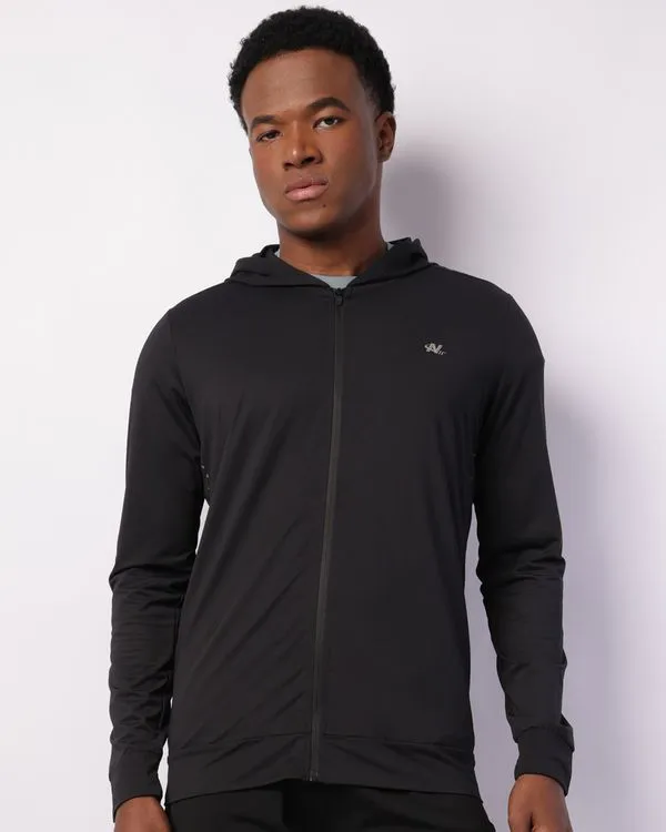 Jaqueta Esportiva Masculina Dry Fit Bolsos com Capuz Preta GG