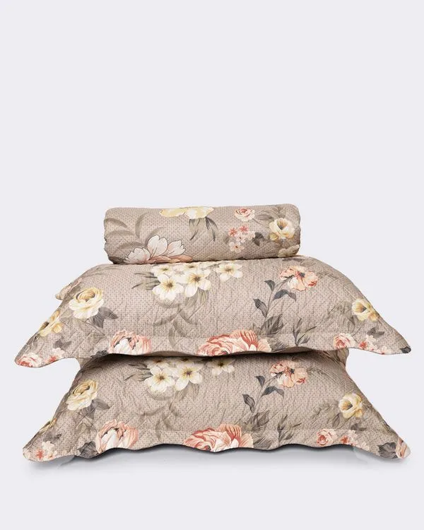 Kit Colcha Casal 3 Peças Plumagem Estampado Floral Marrom UN