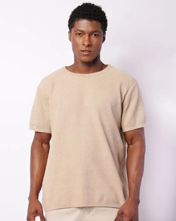 Camiseta Masculina Tricô Manga Curta Bege G
