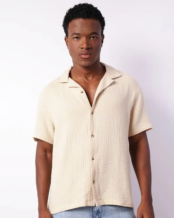 Camisa Masculina Manga Curta Texturizada Com Botões Bege XGG
