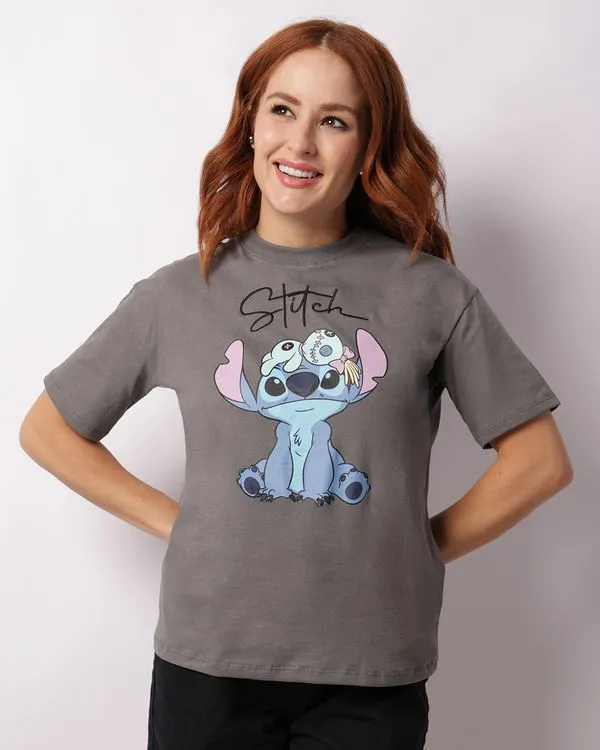 Camiseta Feminina Oversized Disney Bordado Stitch Cinza M