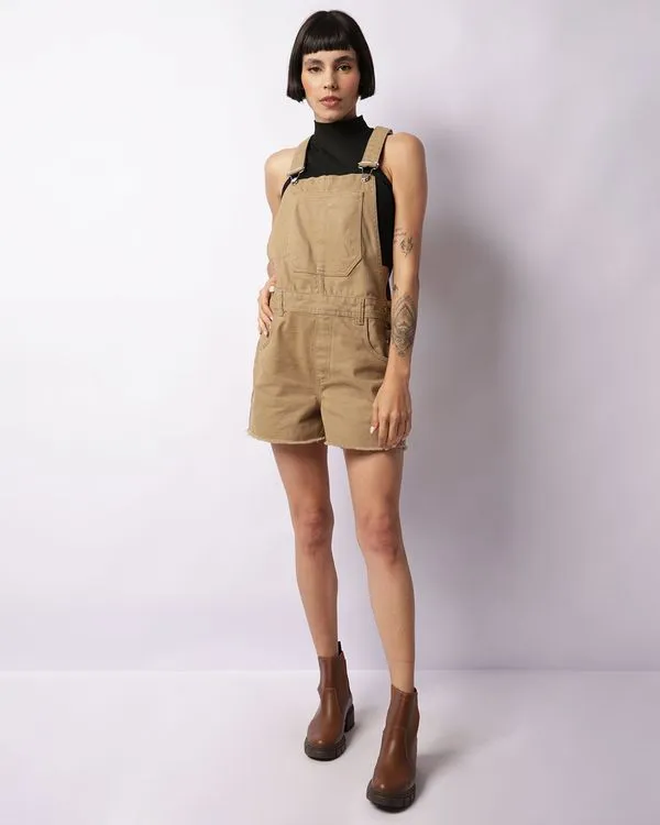 Jardineira Sarja Feminina Barra Desfiada Bege P