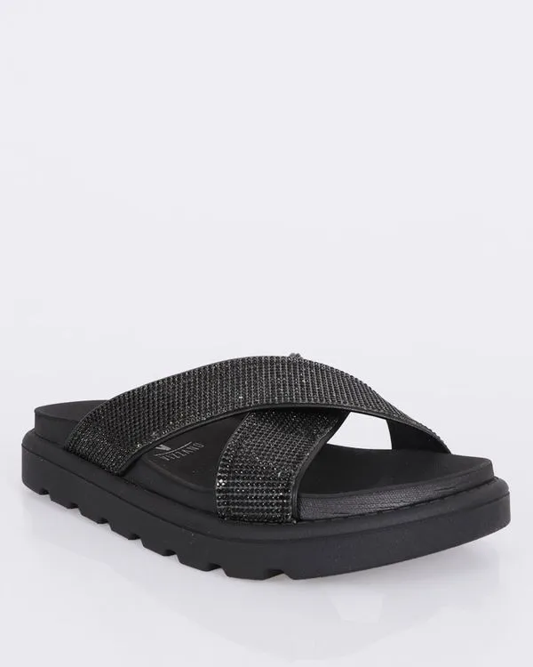 Sandália Rasteira Feminina Vizzano Flatform Com Strass Preta 36