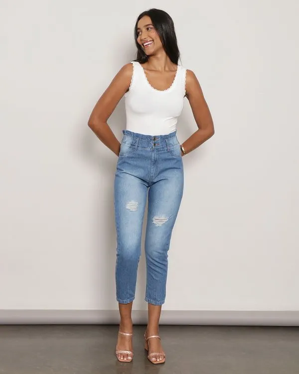 Calça Jeans Feminina Paper Bag Com Destroyed Azul 44