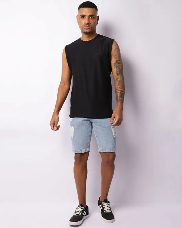 ​Bermuda Jeans Masculina Reta Com Puídos Azul 40