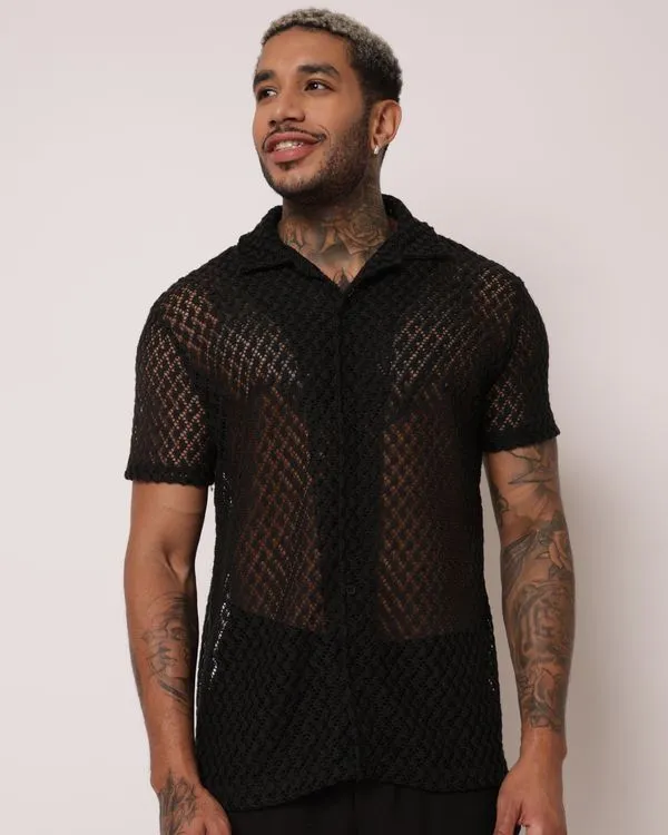 Camisa Masculina Manga Curta Tricô Vazado Preta G