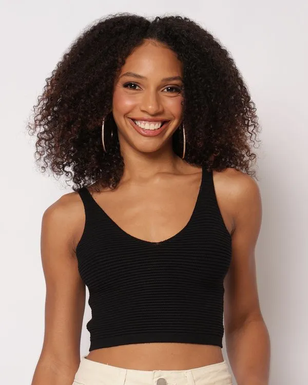Regata Feminina Cropped Tricô Canelada Preta M