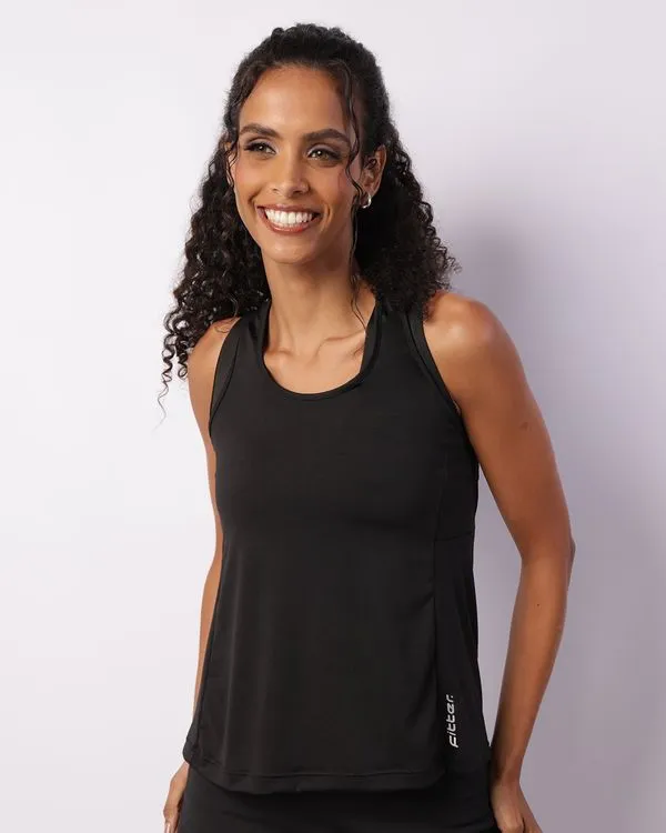 Regata Fitness Feminina Fitter Com Recortes Preta GG