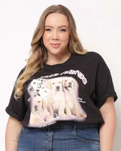 Camiseta Plus Size Feminina Algodão Estampa Cachorros Preta G3