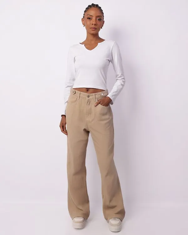 Calça Feminina Sarja Vizzy Wide Leg Bege 40