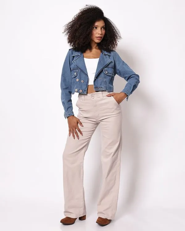 Calça Sarja Feminina Biotipo Wide Leg Bege 38