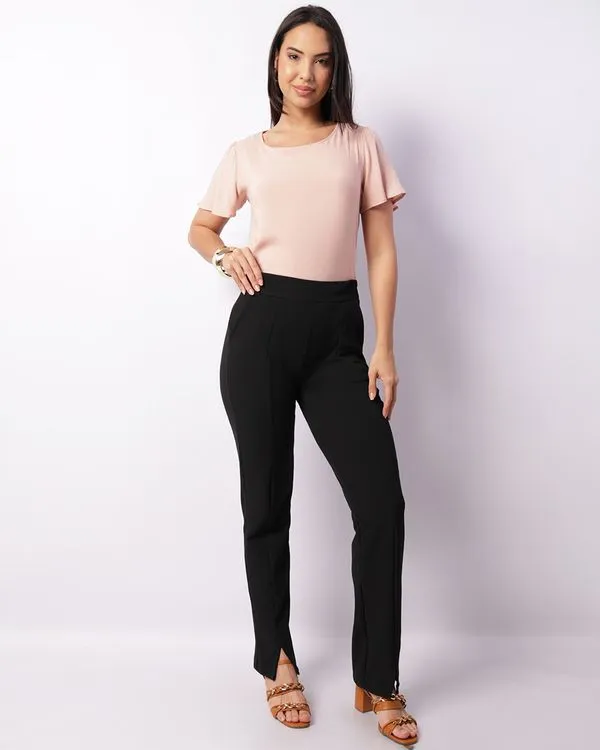 Calça Feminina Reta Texturizada Com Recortes Fenda Bolsos Preta GG