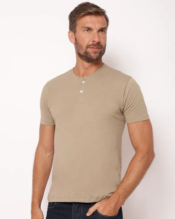 Camiseta Masculina Algodão com Botões Manga Curta Bege GG