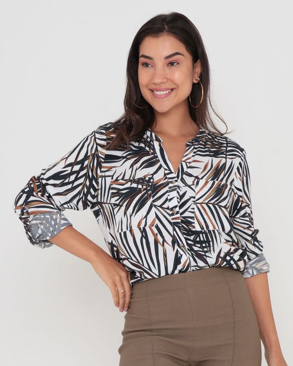 Camisa Feminina Viscose Estampa Folhas Branca GG