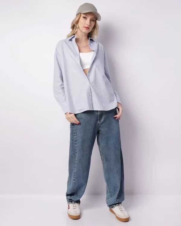 Calça Jeans Feminina Balloon Recorte Com Bolsos Azul 36